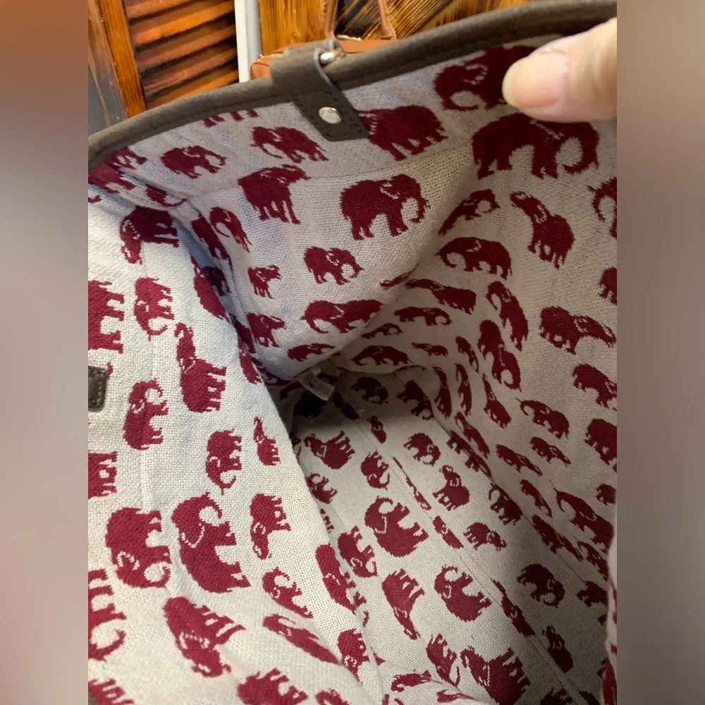 Elephant Patterned Tote Bag - Burgundy and Brown - Picture 3 of 5